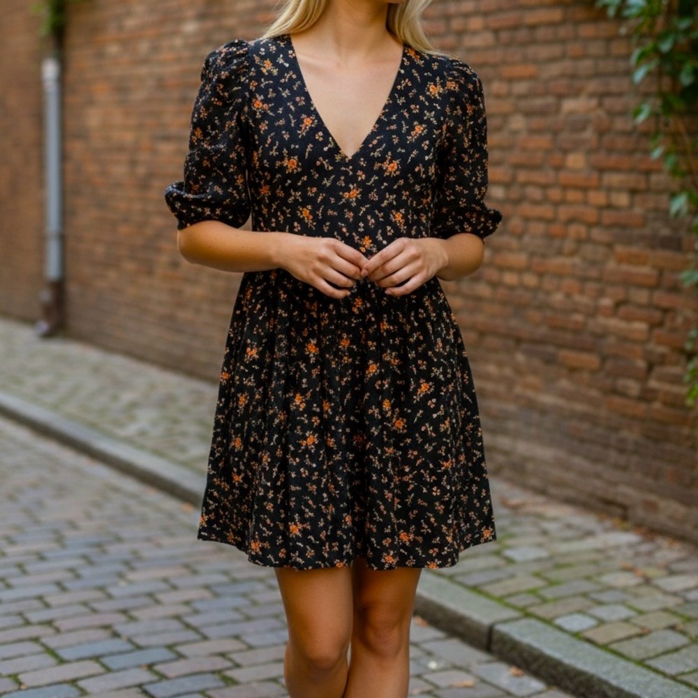 Madewell Black and Orange Floral Mini Dress